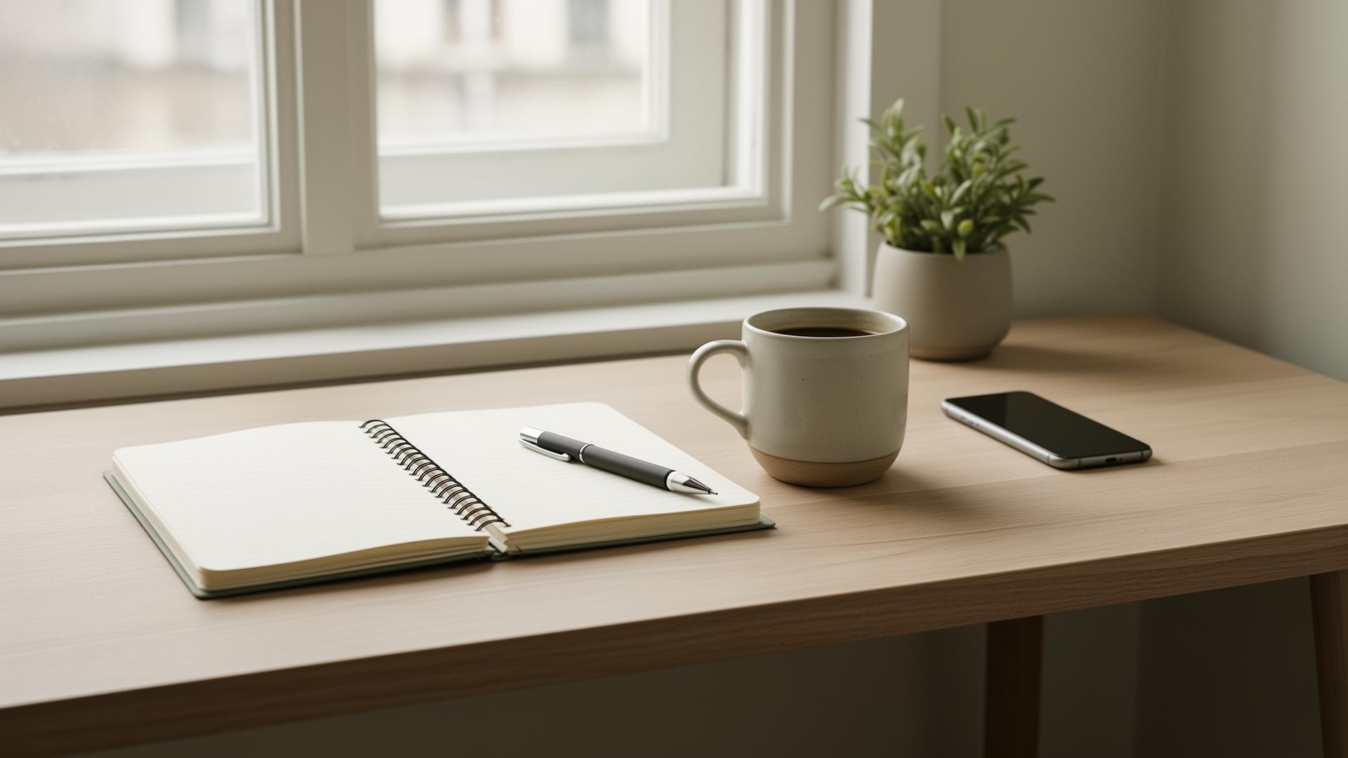 Nordiskt skrivbord med anteckningsbok och kaffe
